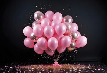 Vibrant birthday balloons, glitter, and confetti in pink . A wide shot captures the festive balloon bunch in style. black background 1