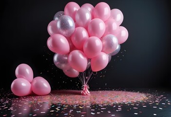 Vibrant birthday balloons, glitter, and confetti in Silver and pink . A wide shot captures the festive balloon bunch in style. black background