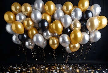Vibrant birthday balloons, glitter, and confetti in gold and silver. A wide shot captures the festive balloon bunch in style. black background