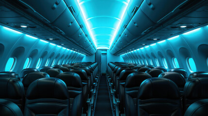 Digital art featuring a commercial aircraft cabin with rows of seats down the aisle.