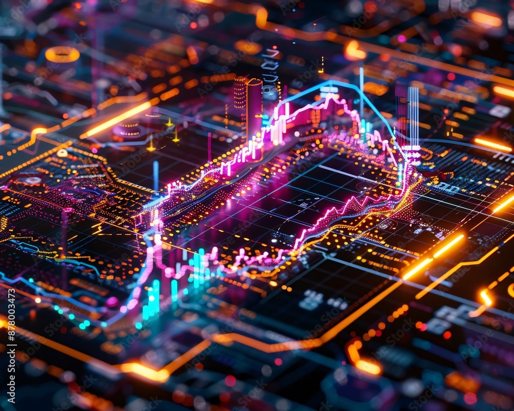 Poster futuristic digital data visualization with neon lights and intricate patterns on an electronic circu