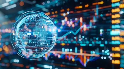 Futuristic digital globe and financial chart graph. Global technology, business investment, stock market, data analytics concept.