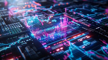 Obraz premium Colorful neon financial charts and graphs displaying stock market data, illustrating market trends and analytics in a futuristic setting.