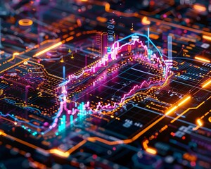 Futuristic digital data visualization with neon lights and intricate patterns on an electronic circuit board background.