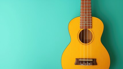 Obraz premium Yellow wooden ukulele on turquoise backdrop with empty space