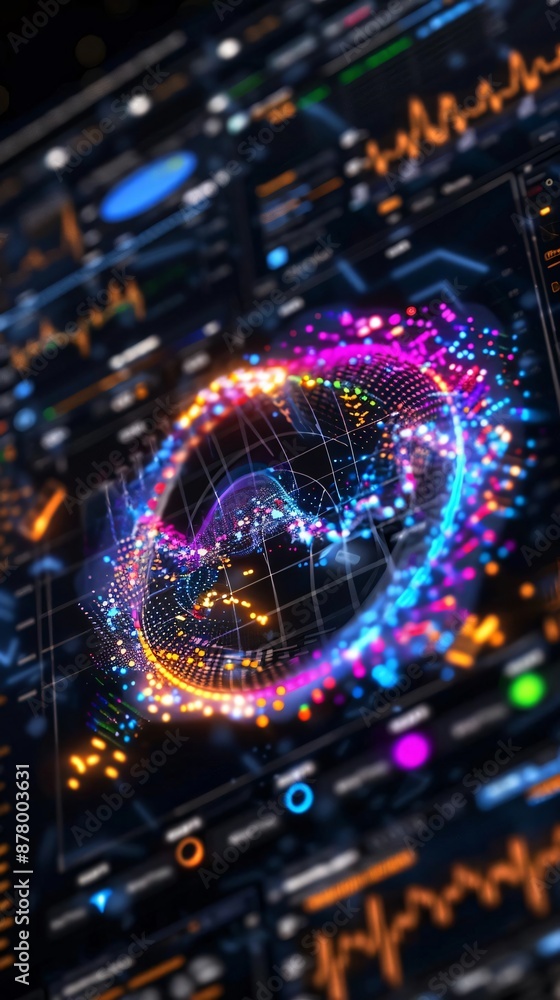 Poster futuristic digital interface with colorful data visualization, glowing graphs, and dynamic analytics