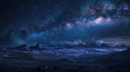Naklejka premium A night view of high land on earth quiet calm tranquill under the Milky Way galaxy