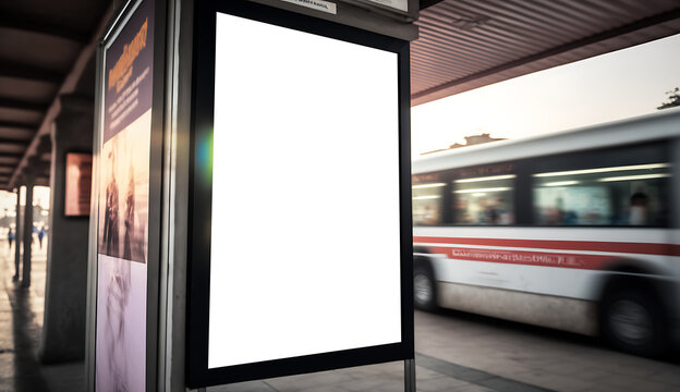 Outdoor bus shelter advertisement billboard with motion blurred bus in the background, Digital marketing poster board at bus stop in city