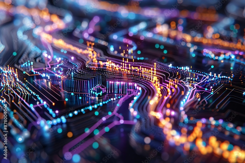 Poster futuristic circuit board with glowing neon lights and intricate pathways, representing advanced tech