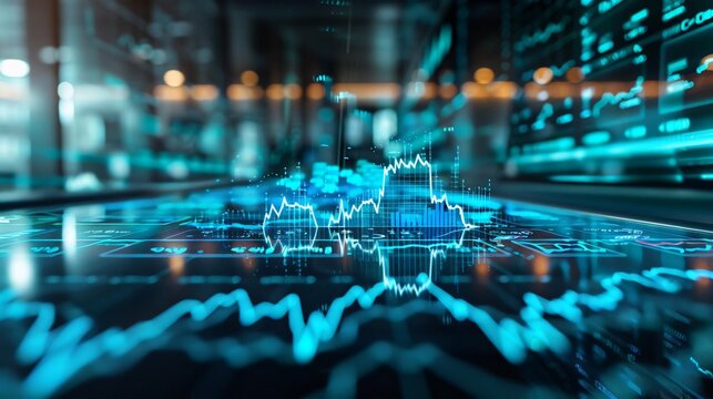 Futuristic digital stock market display with glowing blue charts, data analysis, and financial technology in a modern trading environment.