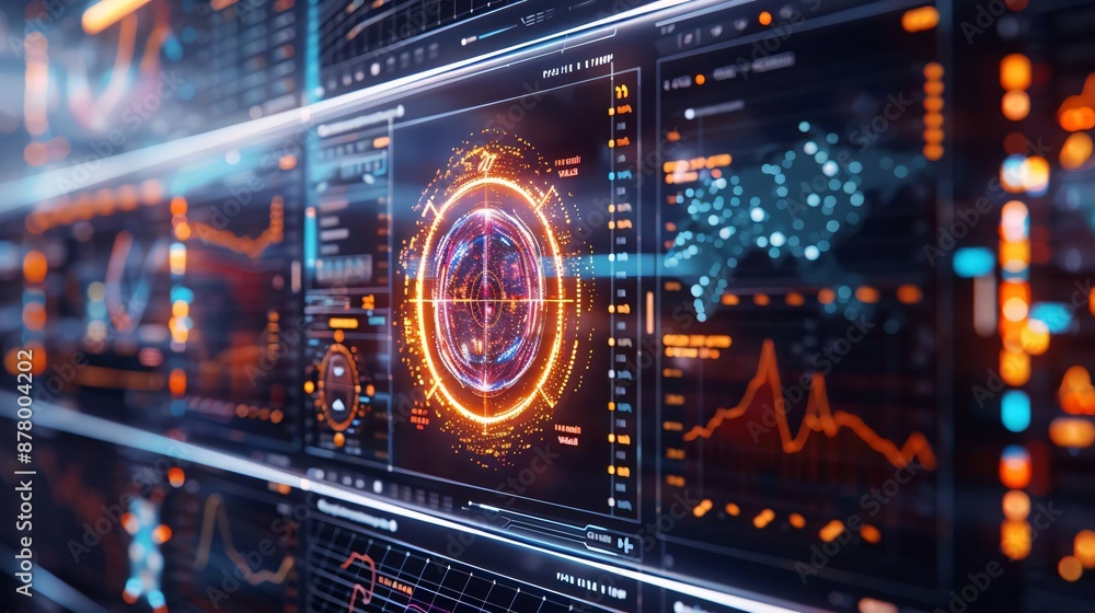 Poster futuristic digital interface with glowing hud, data visualizations, and abstract technology graphics