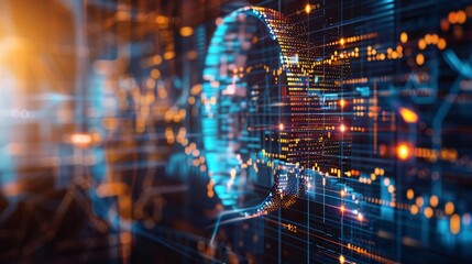 Abstract depiction of artificial intelligence and digital interface with vibrant light patterns and circuitry elements in a futuristic setting.