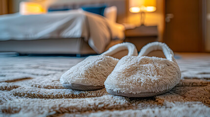 Cozy slippers on a plush carpet in a comfortable bedroom with soft lighting, creating a relaxing and inviting atmosphere.