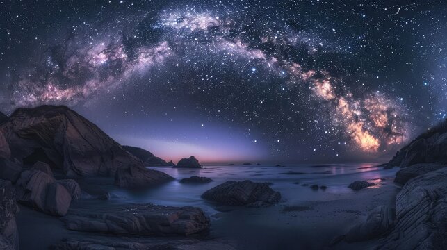 A night view of high land on earth quiet calm tranquill under the Milky Way galaxy