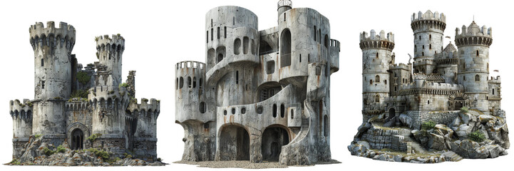 Concrete Castle Set Isolated on Transparent or White Background, PNG