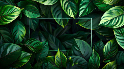 Lush green leaves with a rectangular frame, perfect for nature-themed backgrounds and design elements.