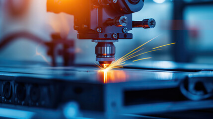 Fototapeta premium AI CNC automatic machine drill cutting metal sheet with sparks light in factory