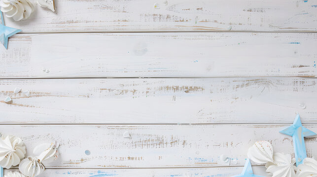 Rustic white wooden background with seashells and starfish, creating a coastal theme perfect for summer and beach-themed designs.