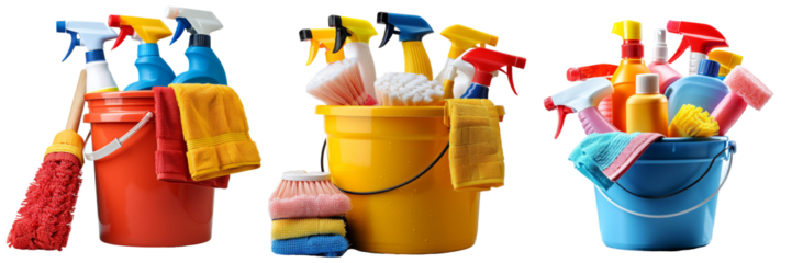 A Bucket Full of Cleaning Supplies Set Isolated on Transparent or White Background, PNG