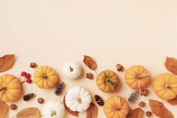 Autumn holiday background from pumpkins, colorful dried leaves and fall decorations. Happy...