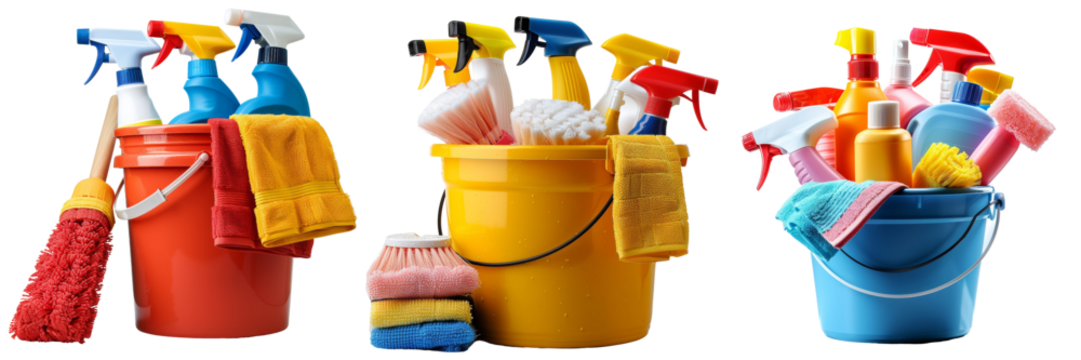 A Bucket Full of Cleaning Supplies Set Isolated on Transparent or White Background, PNG