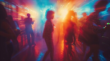 Silhouettes of People Dancing at a Club with Colorful Lights