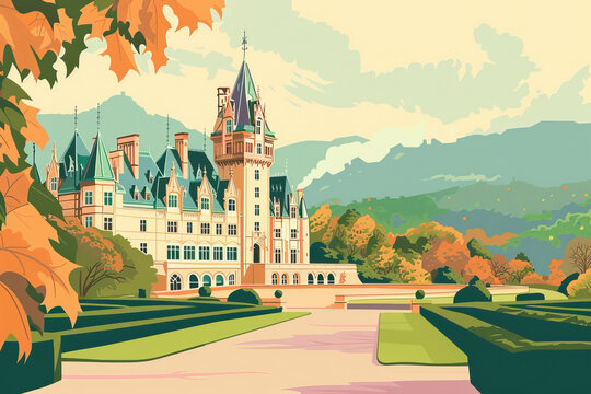 Risograph riso print travel poster, card, wallpaper or banner illustration, modern, isolated, clear and simple of Biltmore Estate, Asheville, USA. Texture, backdrop, screen printing, stencil