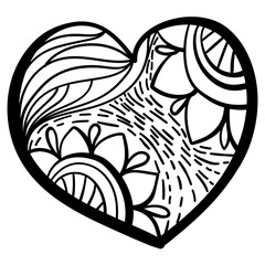 Outline heart with fantasy patterns, coloring page with fantasy sunflowers and waves