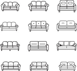 A set of sofa icons, black and white outlines
