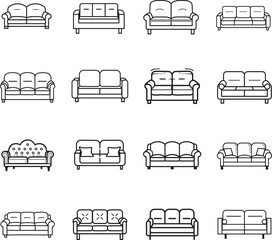 A set of sofa icons, black and white outlines