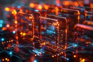 Obraz premium Abstract network grid with files and folders, futuristic software interface, digital document management system, store, search and organize documents, corporate business, paperless office 