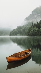 Obraz premium Wooden Rowboat Moored on Foggy Lake