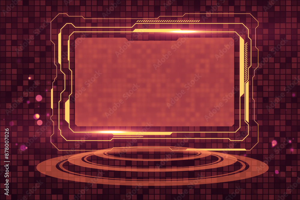 Poster Empty red digital screen on dark background with pedestal. Big data and internet ad concept. Mock up place for your advertisement. 3D Rendering.
