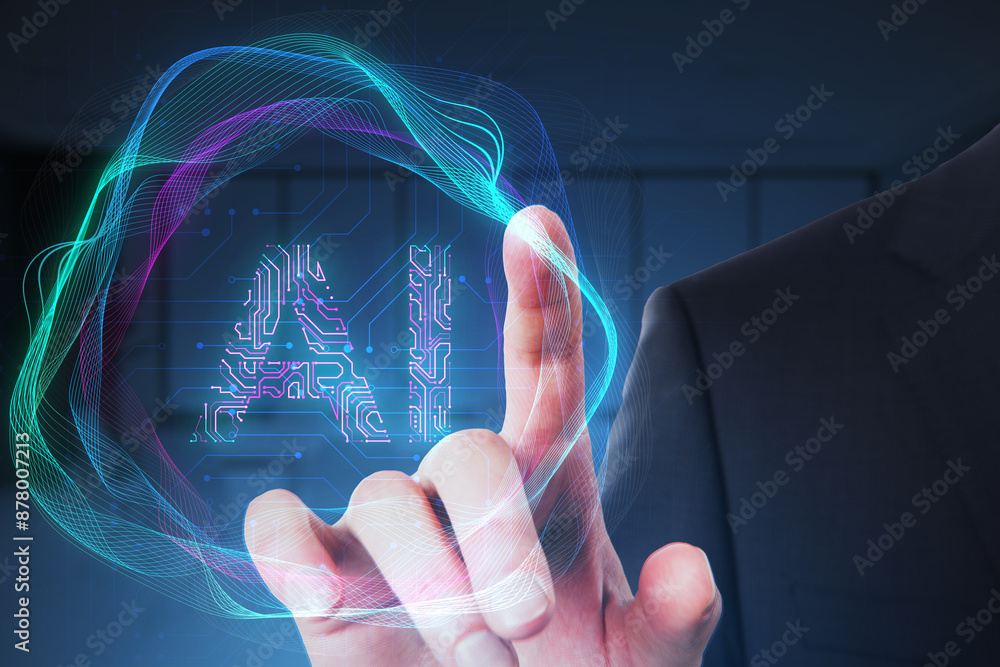 Poster close up of male hand pointing at creative digital tech circle on blurry dark office background. big