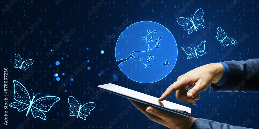 Aufkleber Close up of man hand pointing at cellphone with creative binary coding background with nature and butterflies. AI art and innovation concept.