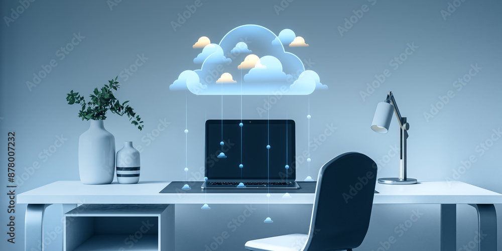 Aufkleber Modern workplace with computer, other objects and creative cloud computing hologram with transferring files on blurry background. Cloud server and big data concept. 3D Rendering.