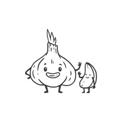  cute cartoon garlic in doodle style isolated on white background. Funny little garlic character. 