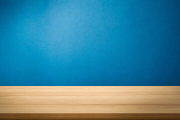 Empty wooden table top and color blue wall background for showing products and advertisers. Template mock up for display of product. product promotion in the wall. for display or montage.
