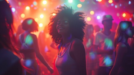 Woman Dancing at a Party with Colorful Lights
