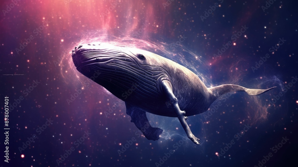 Poster surreal art design of a whale floating in space with a cosmic background and starry sky. digital art