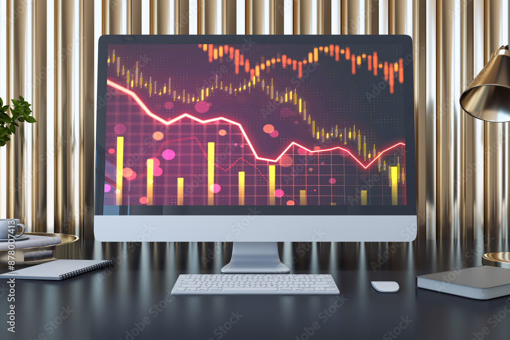 Poster Close up of computer screen on desk with downward red forex chart and decorative golden concrete wall background. Crisis and financial recession concept. 3D Rendering.