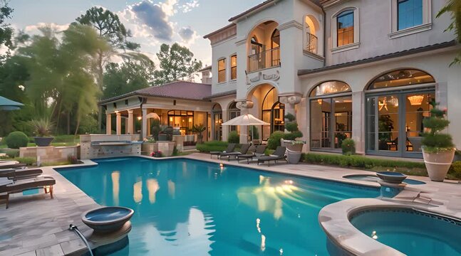 Beautiful home exterior and large swimming pool on sunny day with blue sky. Features series of water jets forming arches.