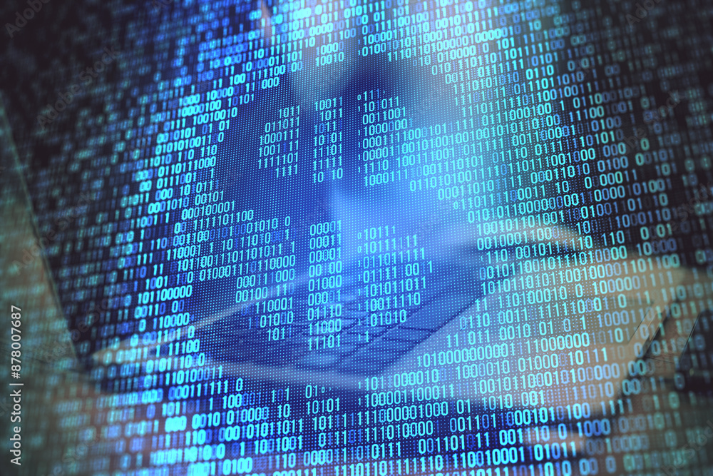 Poster Close up of creative blue binary coding hologram with dollar outline on blurry workplace background. Digital money and cryptocurrency concept. Double exposure.