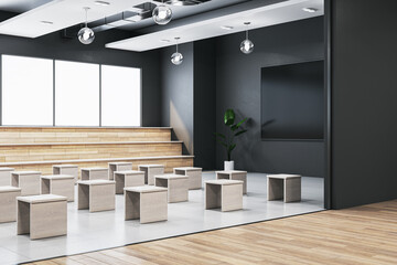 Contemporary gallery interior with wooden flooring and reflections, seats and lamps. 3D Rendering.