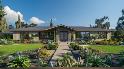 Fototapeta premium ranch-style home with a large, front-facing picture window that offers a view of a beautifully landscaped garden