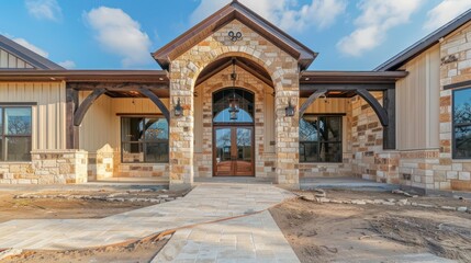 Naklejka premium ranch-style home with a large, arched front door and detailed stonework around the entrance