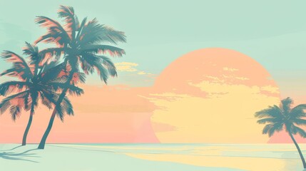 Stunning sunset illustration with palm trees on a tranquil beach, blending warm and cool tones for a serene tropical escape.