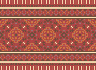 Pixel Ikat seamless ogee vector pattern. Aztec tribal abstract modern textile print. Damask style background with stripes and chevron. Ethnic watercolor fabric. Boho