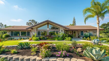 ranch-style home with a large, front-facing picture window that offers a view of a beautifully landscaped garden
