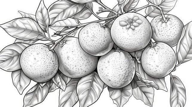 coloring book Black and white drawing of a branch of a citrus tree with leaves and hanging fruits.